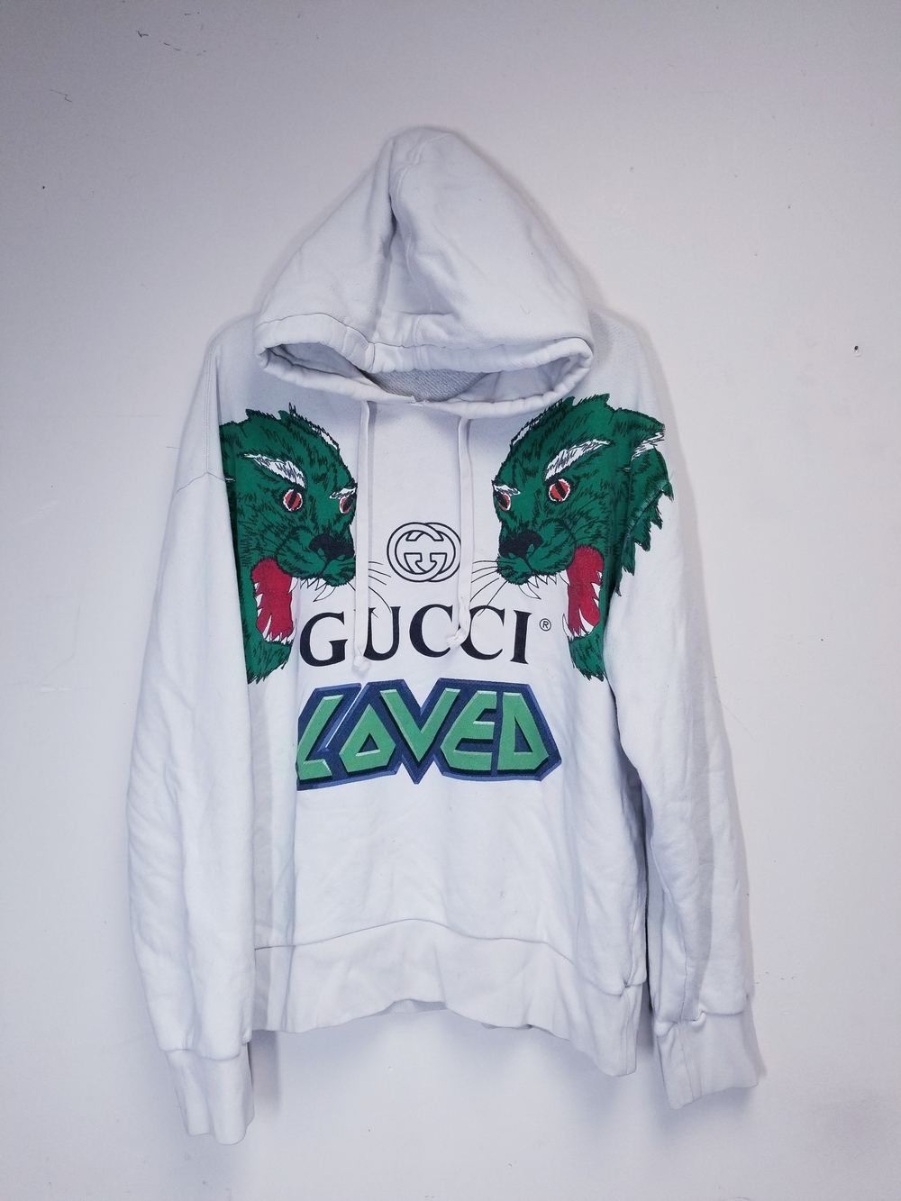 Gucci White Hoodie with Green Tiger Heads and Blue-Green LOVED Graphic